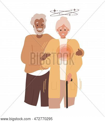 Panic Attack And Disorder Concept. Old Woman Got Panic Attack, Mental Support Elder Black Man Huggin