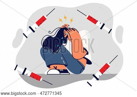 Woman Drug Addict Crying Sitting On Floor Experiencing Problems In Social Adaptation And Needs Rehab