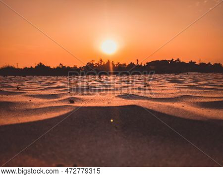 Sunset In The Desert, Sunset Desert Close Up Short With The Ground, Sand Dunes Sun On Top Of The For