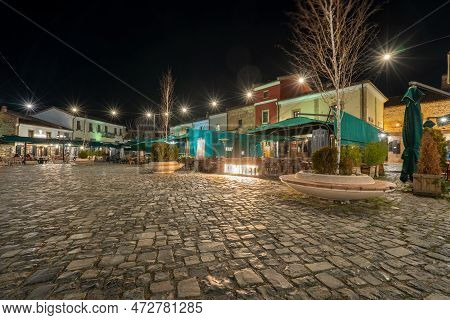 Korce Albania - 01.03.2023: Old Bazaar Of Korca City Filled With No People At Night