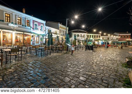 Korce Albania - 01.03.2023: Old Bazaar Of Korca City Filled With No People At Night