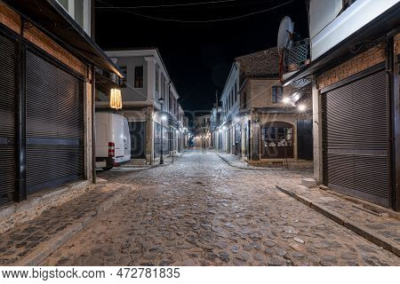 Korce Albania - 01.03.2023: Old Bazaar Of Korca City Filled With No People At Night