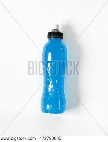 Blue Bottle Of Isotonic Drink, L-carnitine, Sports Energy Drink On A White Background. Sports Bottle