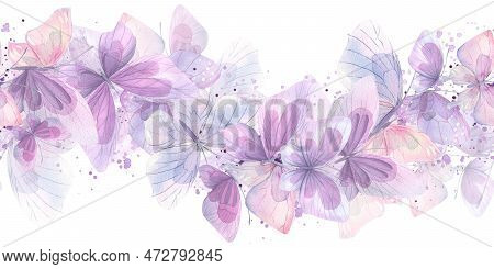 Pink, Lilac And Blue Butterflies, Gentle, Airy, Flying. Watercolor Illustration. Seamless Border On 