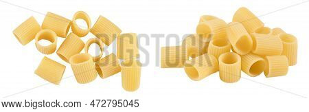 Raw Italian Pasta Isolated On White Background . Mezze Maniche Rigate Bronze Die. Top View. Flat Lay