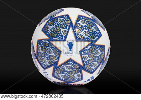 Istanbul, Turkey. Mar 16, 2023. A Champions League Final Soccer Football On A Black Background.