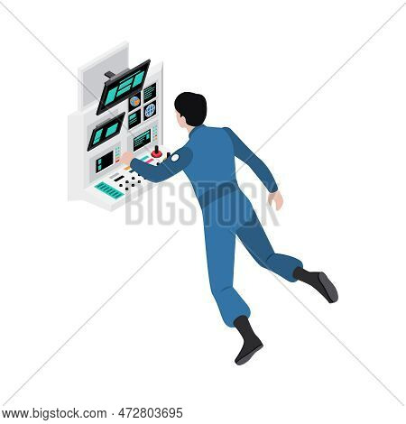 Isometric Astronaut Looking At Monitors Under Zero Gravity Vector Illustration