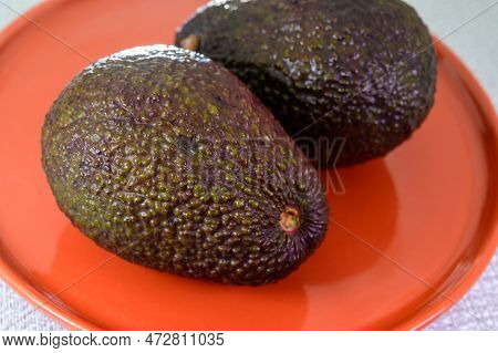 Two Fresh Ripe Raw Hass Avocados, Close Up, Healthy Food Concept