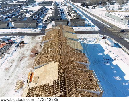 Aerial Drone View Of A Multifamily Apartment Complex Under Construction.