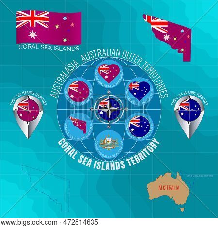 Set Of Illustrations Of Flag, Outline Map, Icons Coral Sea Islands Territory. Australian Outer Terri