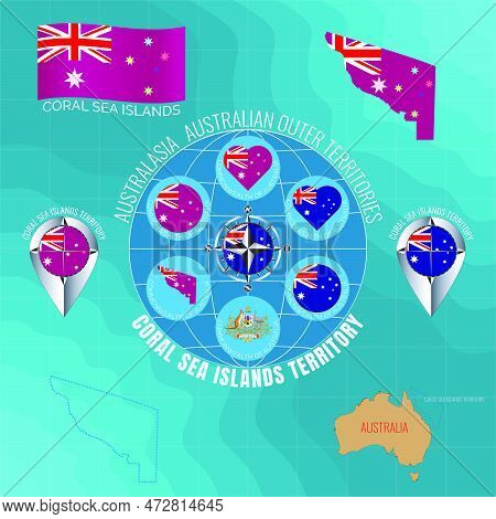 Set Of Vector Illustrations Of Flag, Outline Map, Icons Coral Sea Islands Territory. Australian Oute