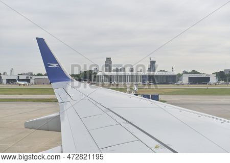 Buenos Aires, Argentina, November 18, 2022: Plane Wing, View From A Window Of A Boeing 737-700 Jet O
