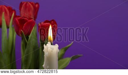 Banner Size Image Of Burning Candle And Red Tulips Against A Purple Background With Free Copy Space 