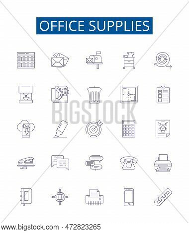 Office Supplies Line Icons Signs Set. Design Collection Of Stationery, Pens, Envelopes, Paper, Notep