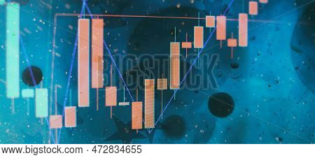 Concept Of Stock Market And Fintech. Blurry Digital Charts Over Dark Blue Background.
