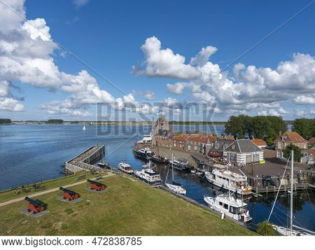 Aerial View With The Historical City Fortification Campveerse Toren In Veere. In The Background The 