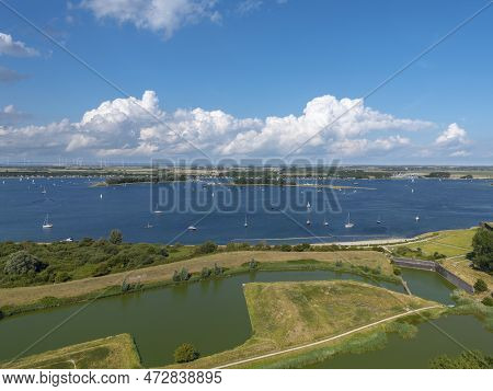 Aerial View With View Over Veerse Meer In Front Of Veere. Veere Is A City In The Province Of Zeeland
