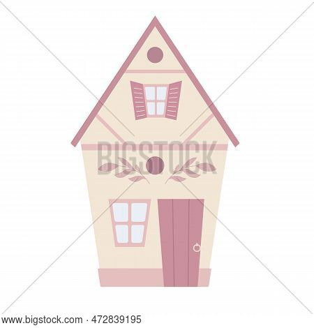 Vector Cartoon Illustration Of A Cute Country House In Pastel Color. Dollhouse. Rental And Sale Of H