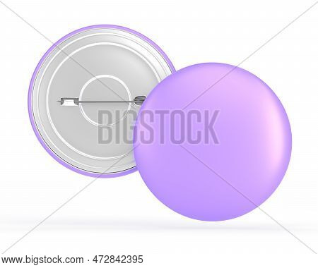 Pin Button, Purple Lapel Badge Front And Back View 3d Render. Blank Round Magnet, Mockup Brooch Or M