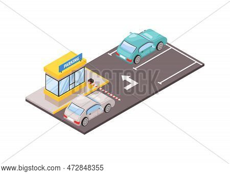 Parking Zone With Auto Barrier And Two Cars 3d Isometric Vector Illustration