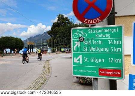 Strobl, Austria - August 2, 2022: Cyclists Visit Strobl, Small Resort Town On Lake Wolfgangsee In Au