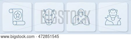 Set Line Magic Scroll, Mantle, Cloak, Cape, Mask Of The Devil With Horns And Vampire. White Square B
