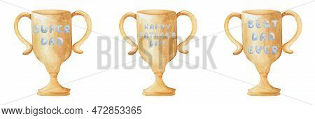 Watercolor Illustration Of Hand Painted Golden Prize Cups, Goblets With Hand Written Blue Text On It