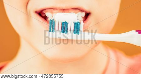 Boy Toothbrush White Toothpaste. Little Boy Cleaning Teeth. Dental Hygiene. Happy Little Kid Brushin
