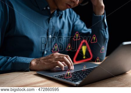 System Warning Caution Sign For Notification Error And Maintenance Concept. Cyber Attack On Computer