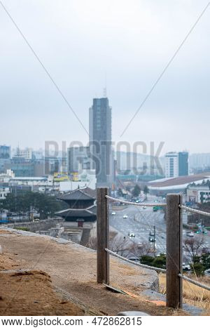 View Of The City From Heunginjimun Park In Dongdaemun Area Of Seoul, South Korea