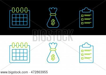 Set Line Clipboard With Checklist, Calendar And Money Bag Icon. Vector