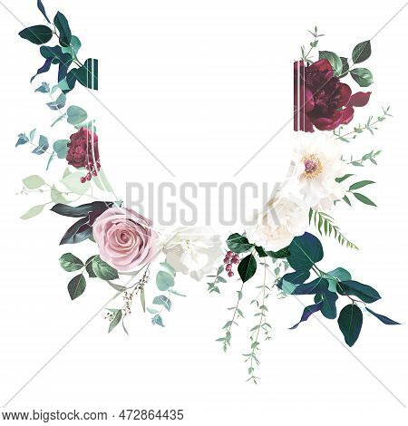 Blush Pink Rose, Burgundy Red Peony, Ranunculus, Ivory White Magnolia Flowers Vector Design Backgrou