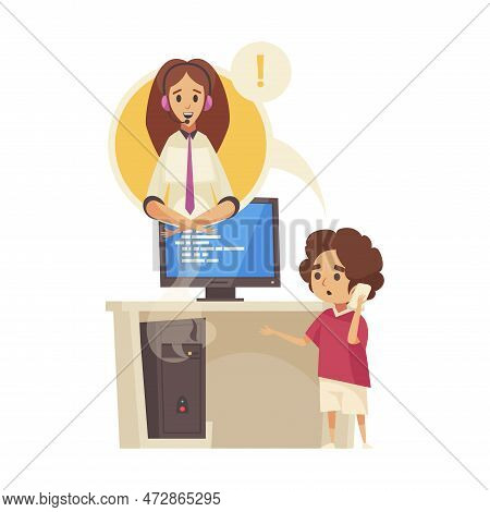 Support Call Center Composition With Broken Computer And Distracted Guy Calling Tech Support Agent V