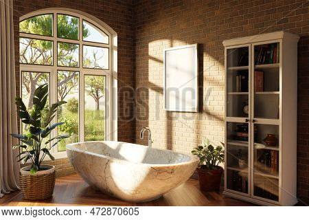 Freestanding Bath In Lightflooded Cozy Country House Bathroom; Minimalistic Interior Design With She