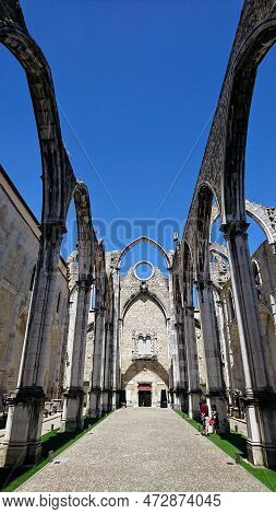 Lisbon, Portugal - Jun 02 2018: Interior Of Museu Arqueologico Do Carmo, Ruin Of Gothic Church Of Ou