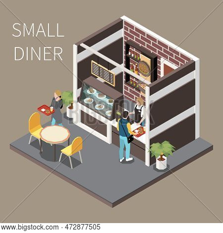 Shopping Mall Airport Food Court Selfservice Dinner Lunch Isometric View Customers Paying For Hot Me