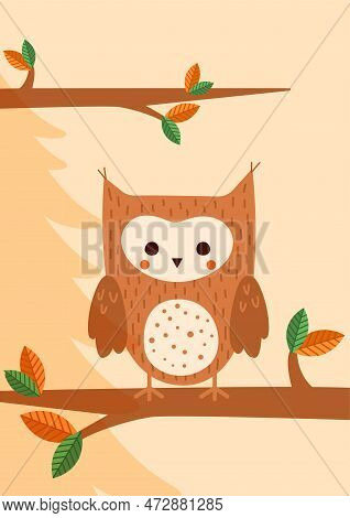 Brown Owl In Forest Banner. Charmng Bird With Wings And Feathers Stands On Tree Branch. Design Eleme