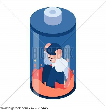 Flat 3d Isometric Businessman Sitting Inside Low Energy Battery. Low Energy From Overworked And Burn