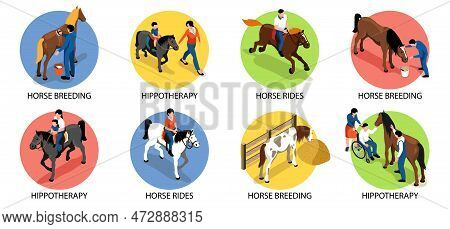Hippotherapy Round Compositions Set With People Riding Stroking And Looking After Horses Isolated 3d
