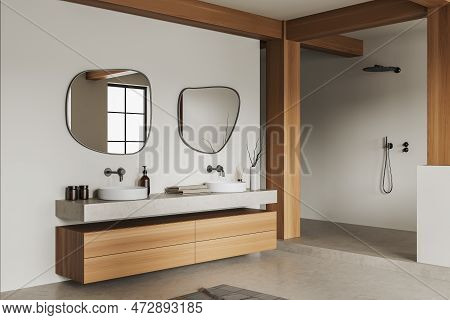 Modern Bathroom Interior With Double Sink And Shower On Podium, Side View Washbasin And Wooden Dress