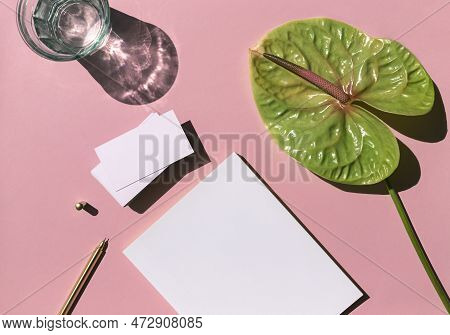 Business Card White Mosk Up On The Colorful Pink Background With Notepad, Pen, Tropical Flower And G