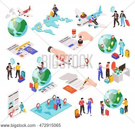 Migrant Workers Set With Migration Symbols Isometric Isolated Vector Illustration
