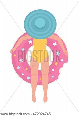 Lady In Hat Lying On Inflatable Donut Ring Semi Flat Color Vector Character