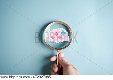 Magnifier Focus To Human Brain Icon And Plus Sign Positive Thinking Concept, Idea Creative Intellige