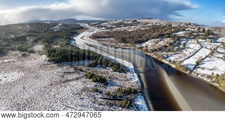 Aerial View Of Snow Covered Gweebarra River Between Doochary And Lettermacaward In Donegal - Ireland
