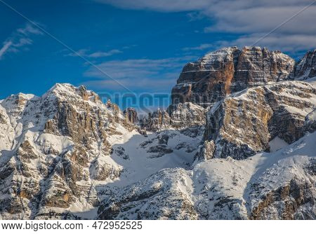 Famous Italian Alps Brenta Dolomites, Snow On The Slopes Of The Alps Madonna Di Campiglio, Pinzolo, 