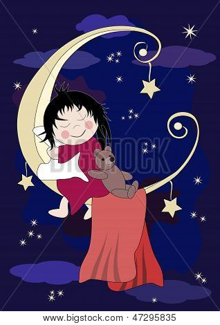 Piccolo bambino dorme su Luna