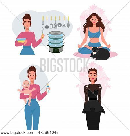 Childfree Concept, Woman Tired Of Housework And Baby Care. A Beautiful And Well-groomed Woman In Har