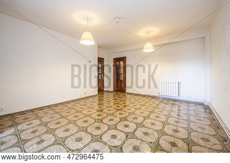 Vintage Living Room With White Pvc Walls, Striking Stoneware Floors, Two Sapele Wood Doors And Radia