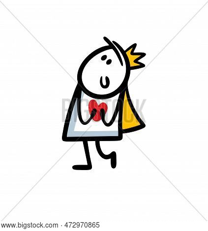 Cartoon Doodle Prince With A Crown Romantically Folded His Arms On His Chest And Fell In Love.